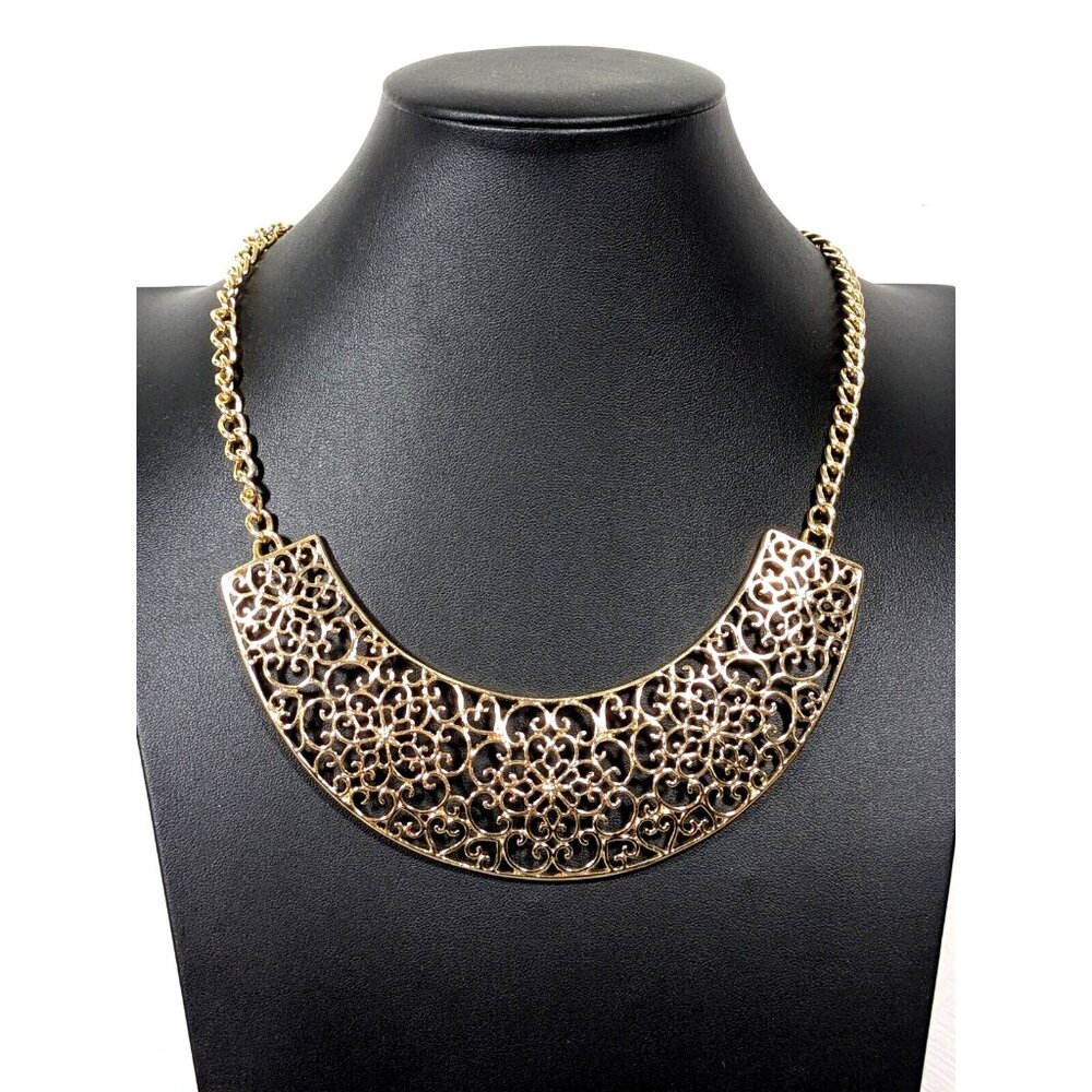 Gold Tone Ornate Metallic Lace‎ Curved Bar Statement Necklace 21 inch Bold